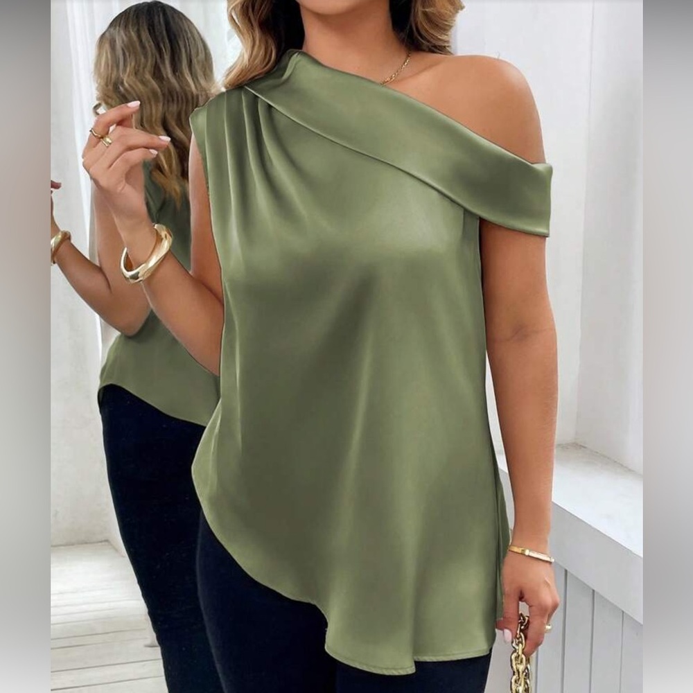 Off-Shoulder Green Satin Blouse - Elegant Women’s Top